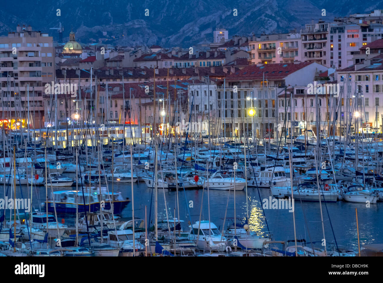 Marseille, France, Romantic Cityscapes of Vieux Port area, at Dusk, Old Port, Scenics, South of France Stock Photo