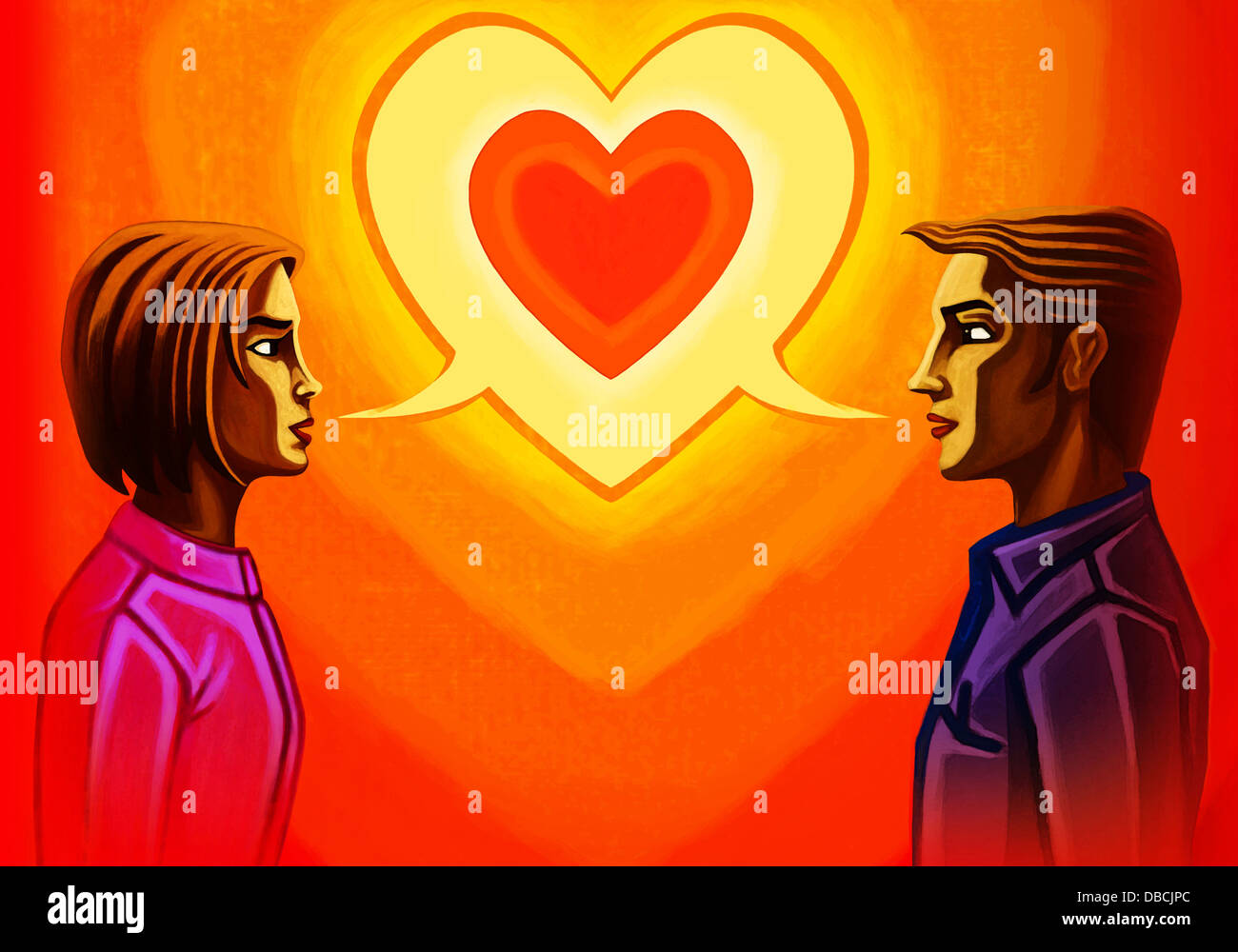 Illustration of couple with heart bubble representing communication Stock Photo