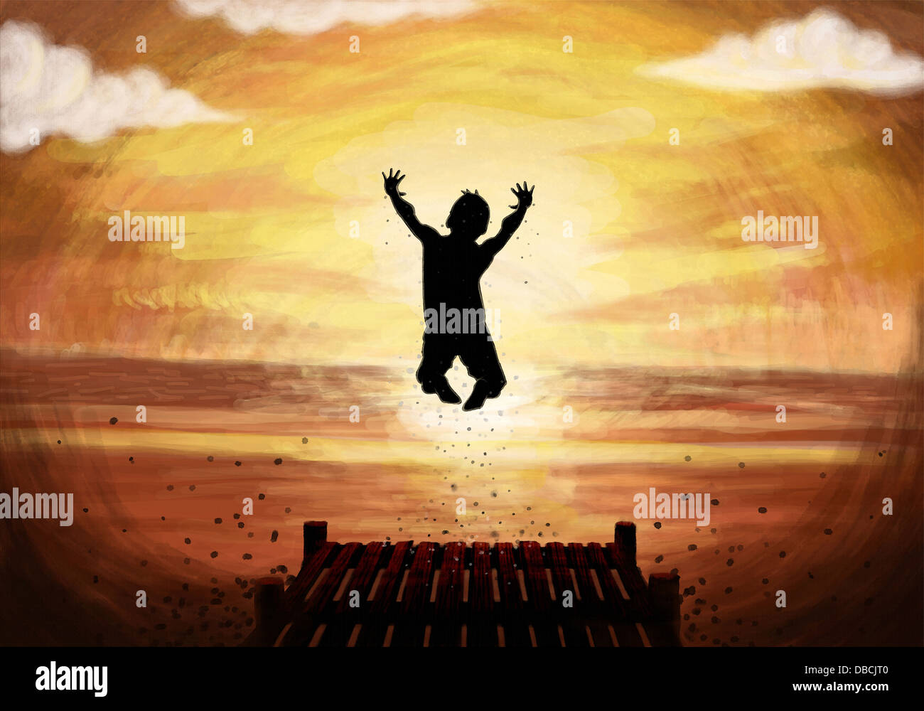 Illustration of teenage boy diving in lake at sunset Stock Photo - Alamy