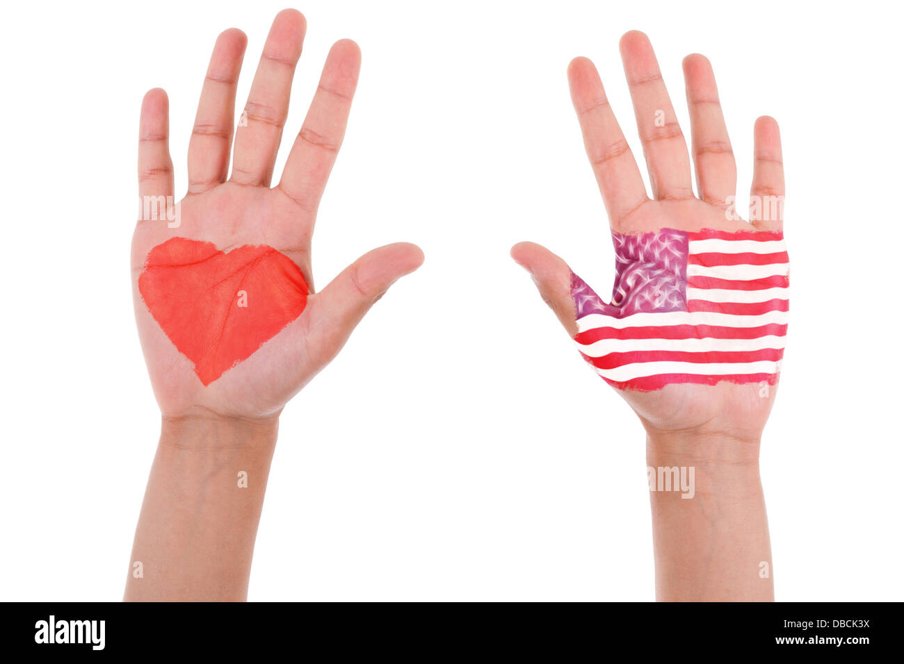 Hands with a painted heart and united states flag, i love usa concept, isolated on white background Stock Photo