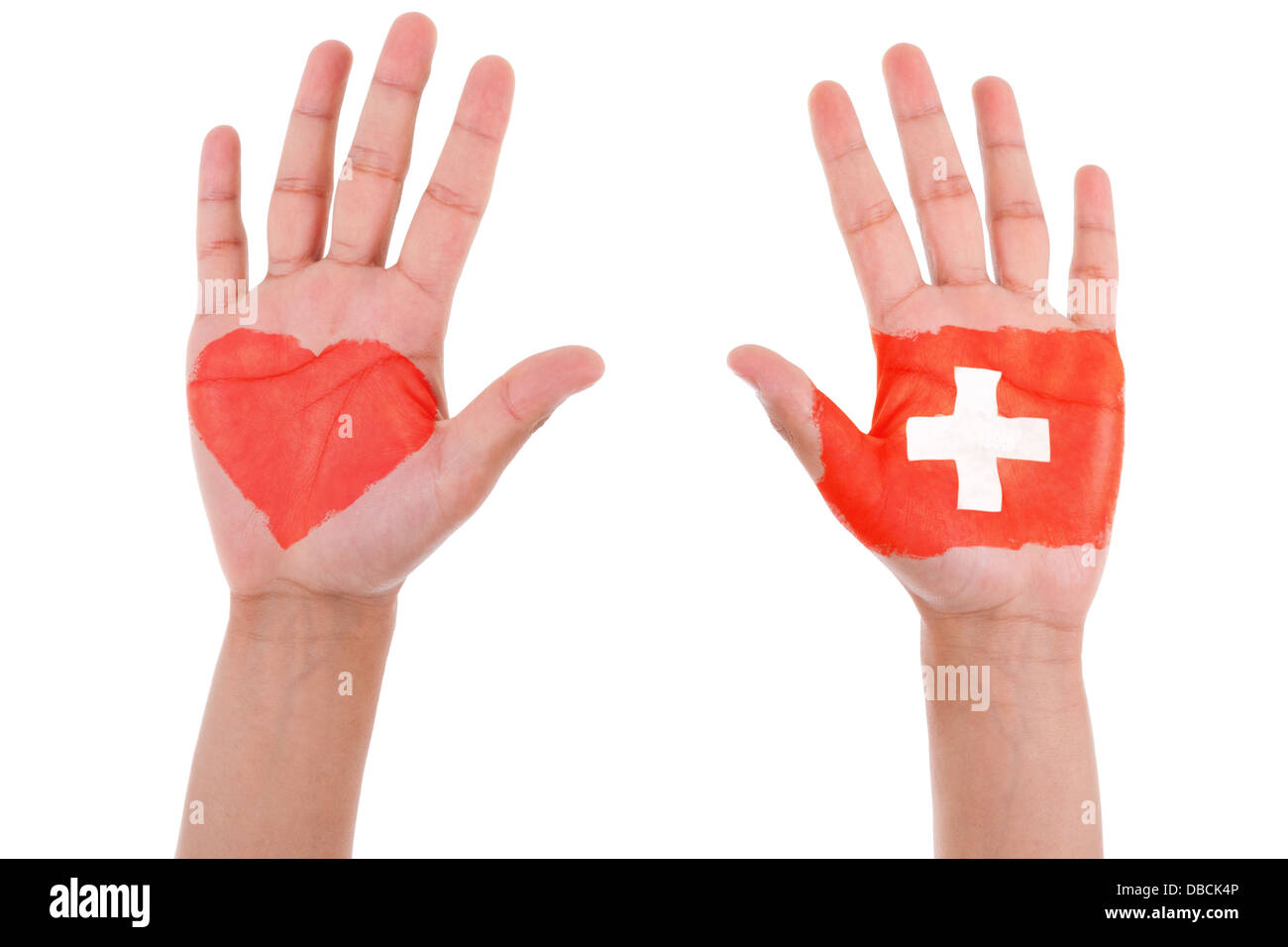 Hands with a painted heart and swiss flag, i love switzerland concept, isolated on white background Stock Photo