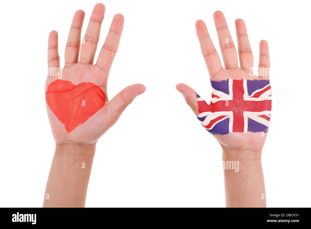 Hands with a painted heart and united kingdom flag, i love uk concept, isolated on white background Stock Photo