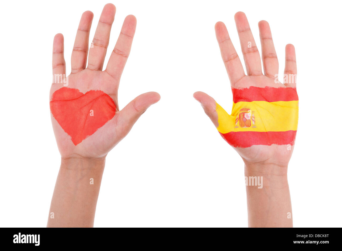 Hands with a painted heart and spanish flag, i love spain concept, isolated on white background Stock Photo