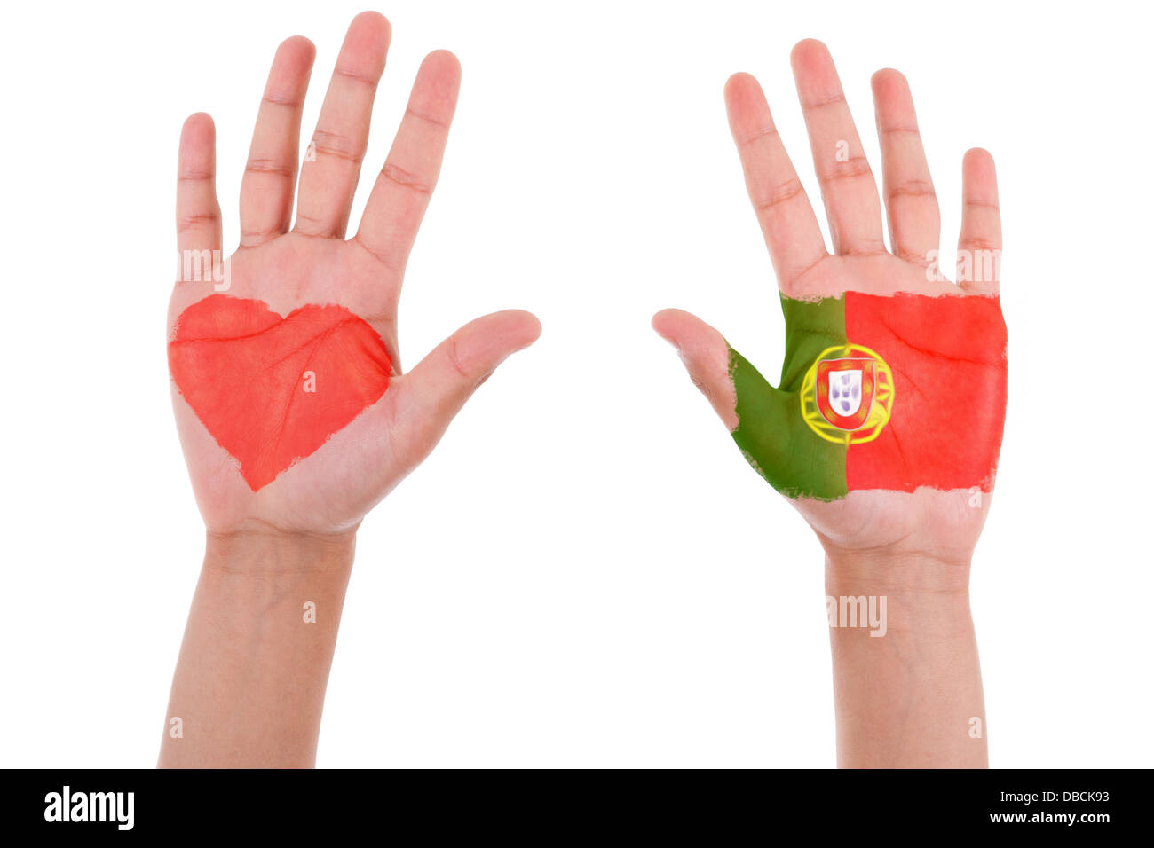 Hands with a painted heart and portuguese flag, i love portugal concept, isolated on white background Stock Photo