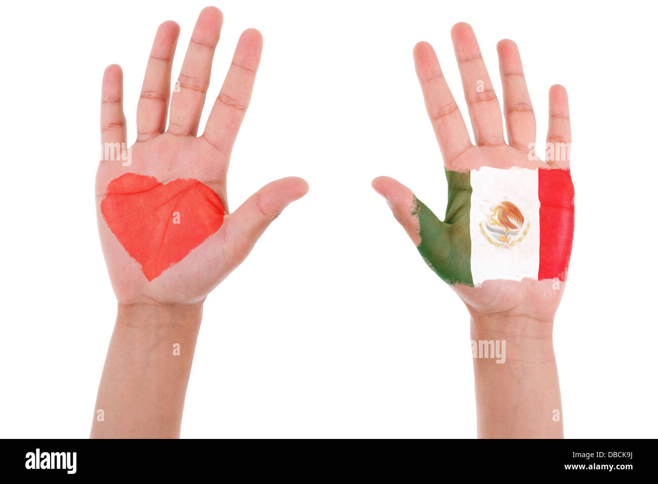 Hands with a painted heart and mexican flag, i love mexico concept, isolated on white background Stock Photo