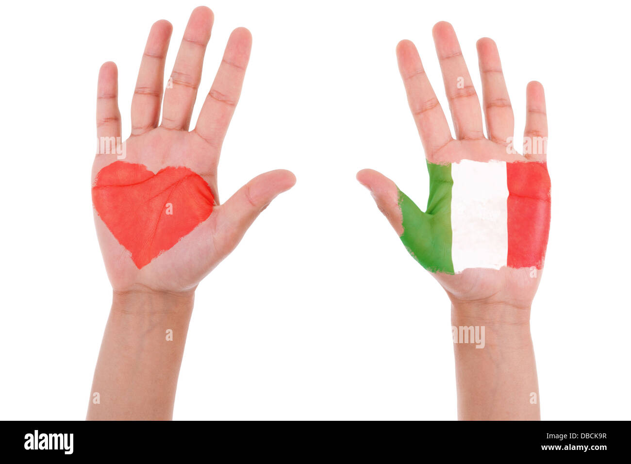 Hands with a painted heart and italian flag, i love italy concept, isolated on white background Stock Photo