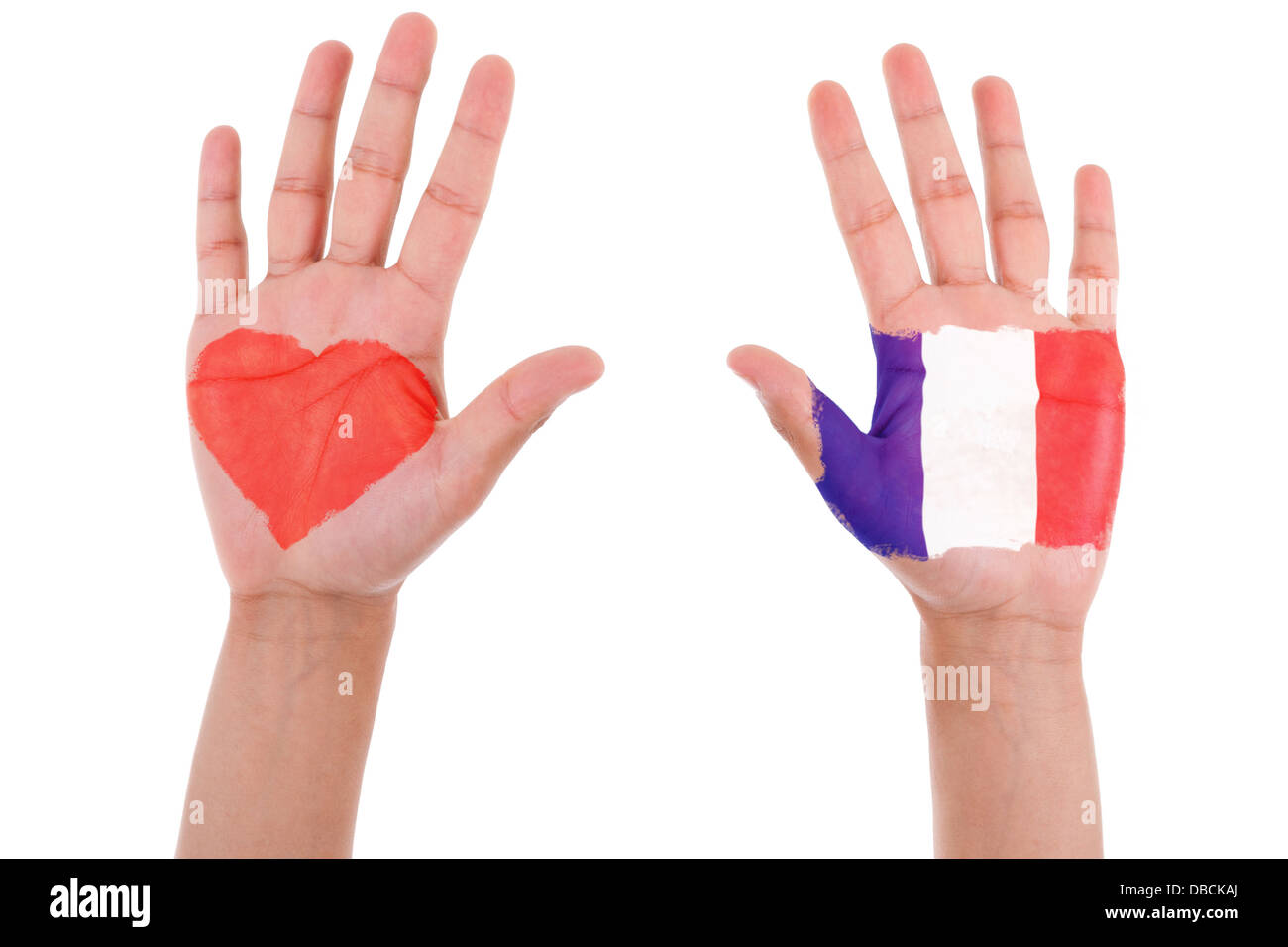 Hands with a painted heart and french flag, i love france concept, isolated on white background Stock Photo