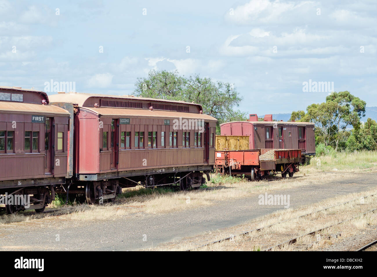 Old train carriages at Maldon railway station in rural Victoria Australia Stock Photo