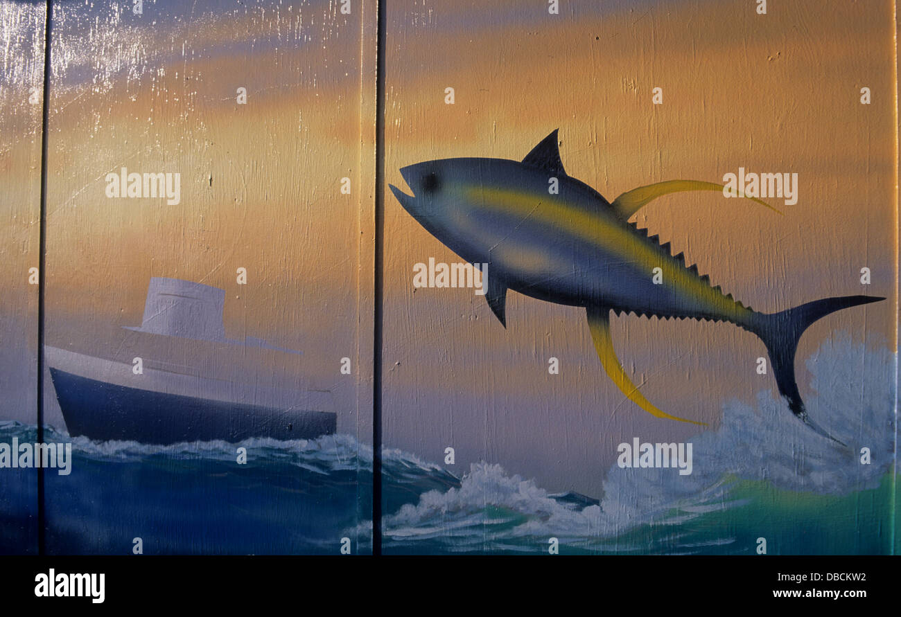 Mural painting of a yellowfin tuna (Thunnus albacares) on a tackle shop near Port Aransas Texas Stock Photo