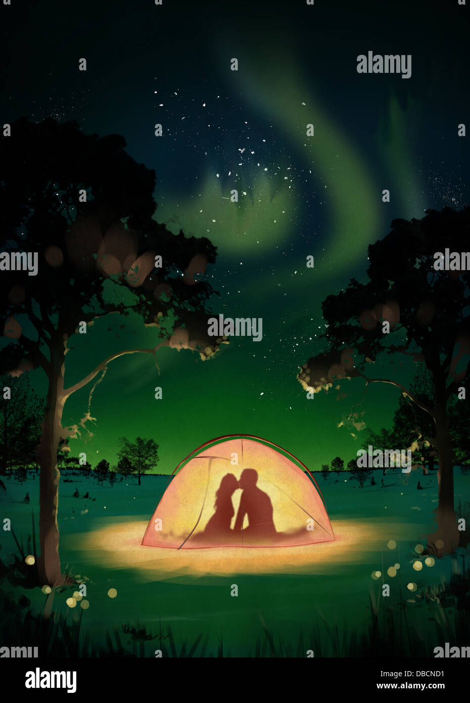 Illustration of couple kissing in tent at dawn Stock Photo