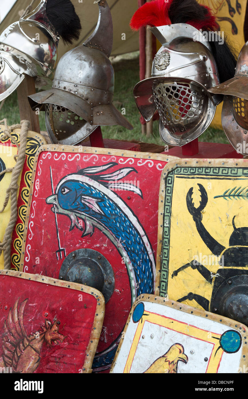 Gladiator helmets and shields at a historical reenactment. UK Stock Photo