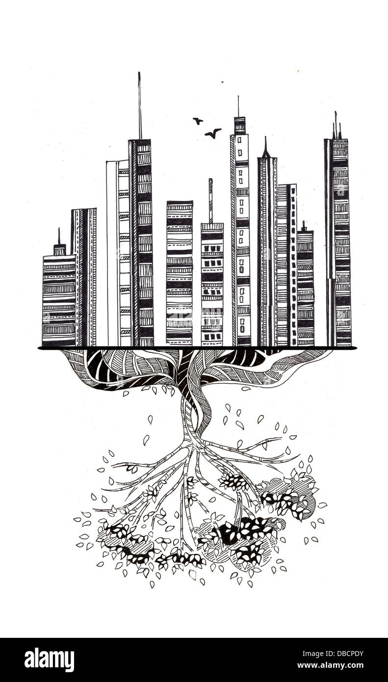 Illustrative image of business buildings and tree representing deterioration of environment Stock Photo