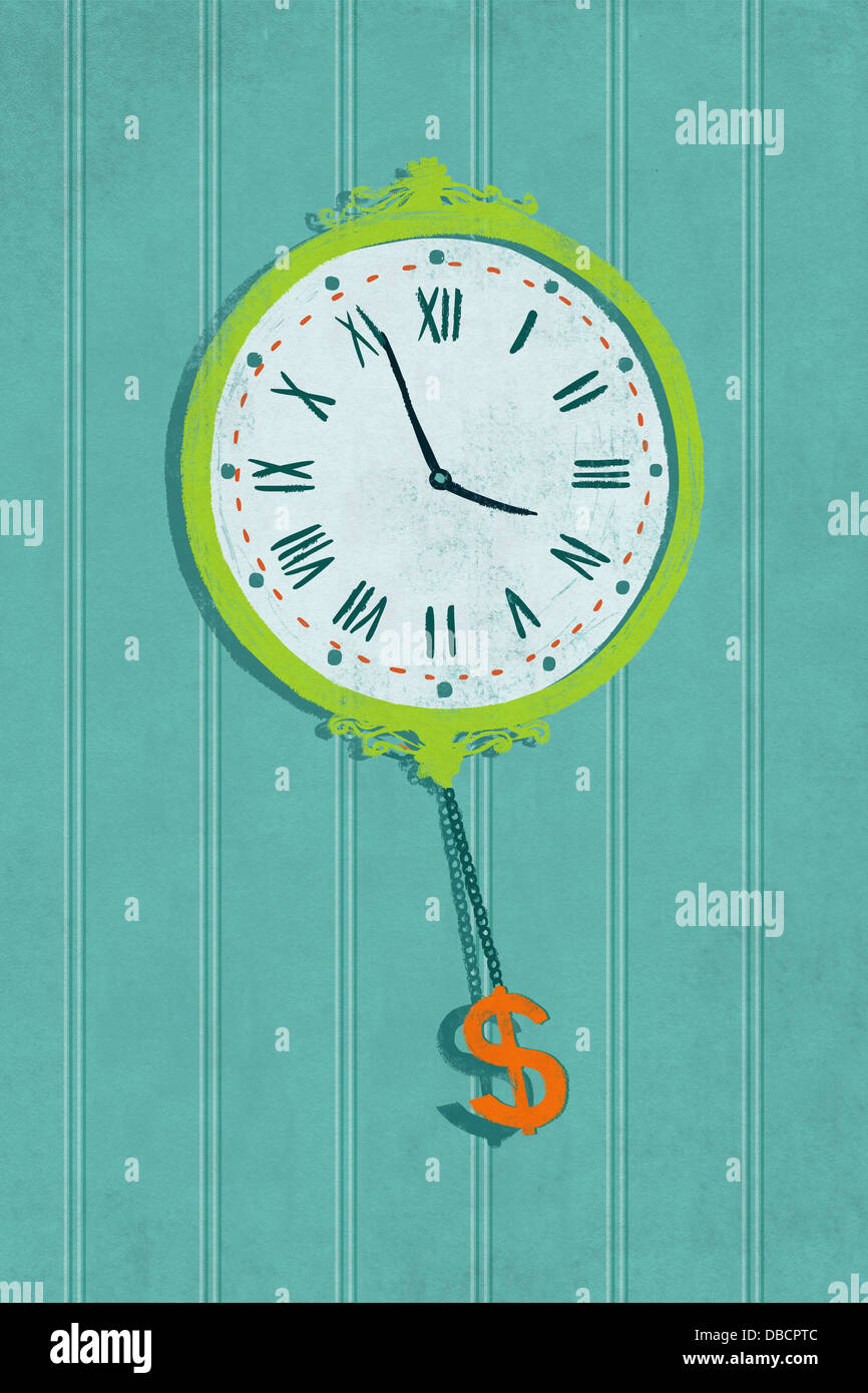 Illustrative image of wall clock with dollar sign hanging representing time management Stock Photo