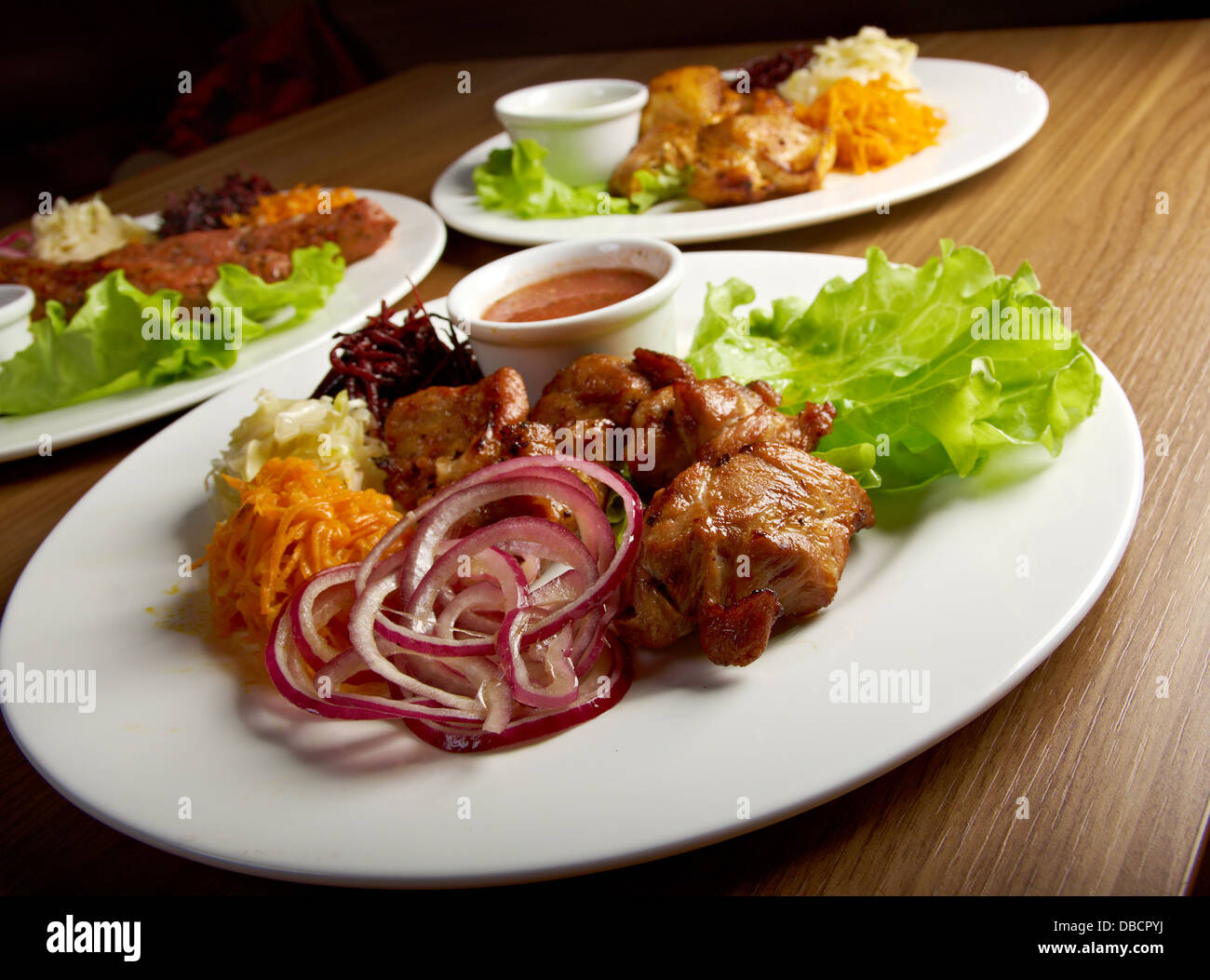 Shashlik (shish kebab). beef making roasted with vegetable closeup Stock Photo