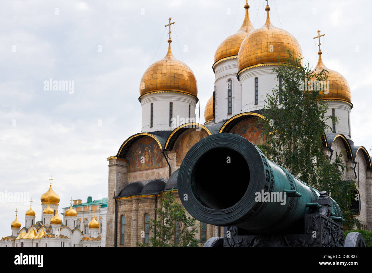 Tsar Cannon and gold cupola of Cathedrals in Moscow Kremlin Stock Photo