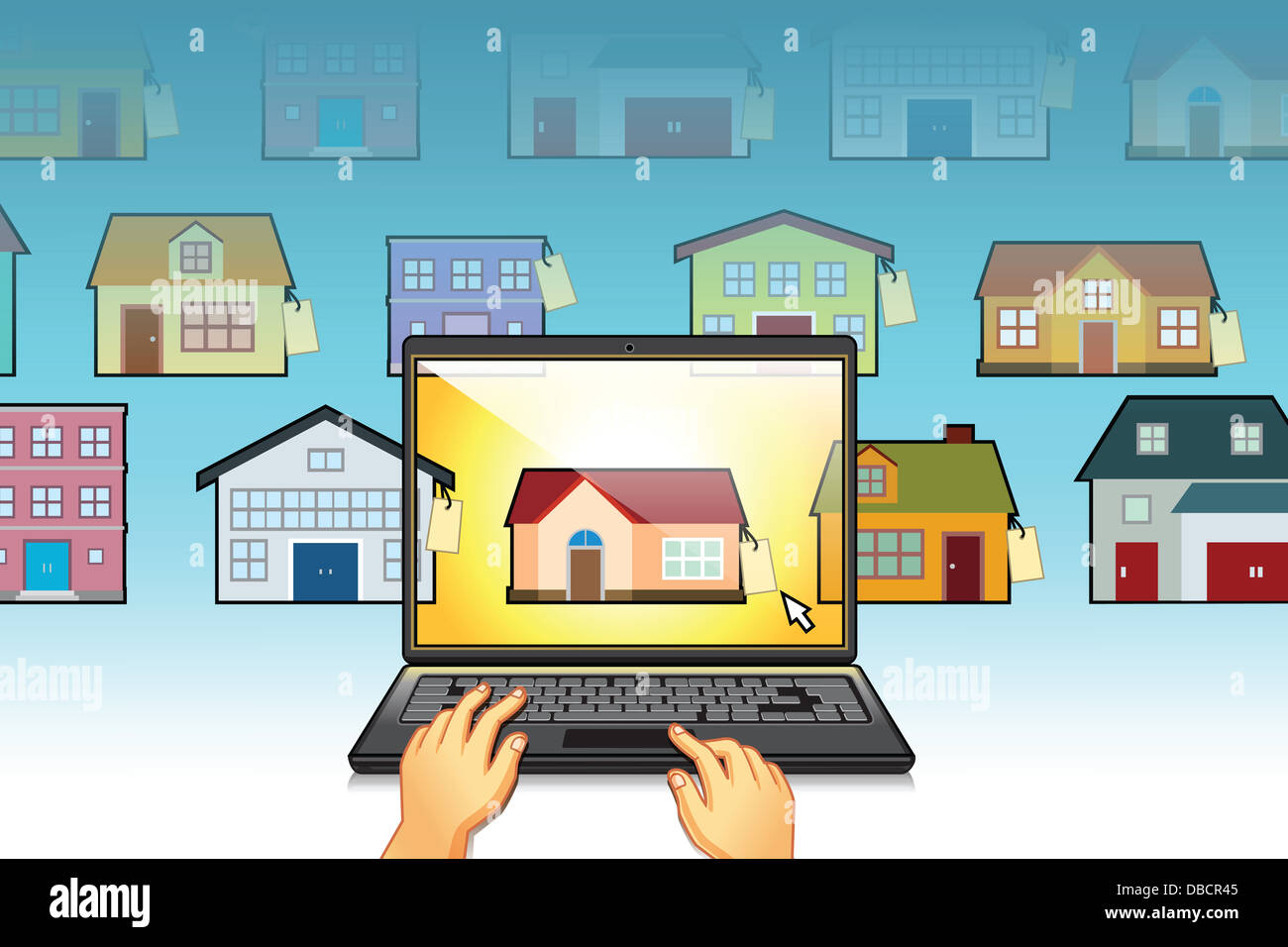 Illustration of hands using laptop with house model on screen representing online house hunting Stock Photo