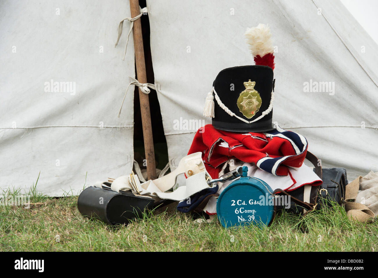 Coldstream Regiment of Foot Guards uniform outside a tent at a Historical reenactment Stock Photo