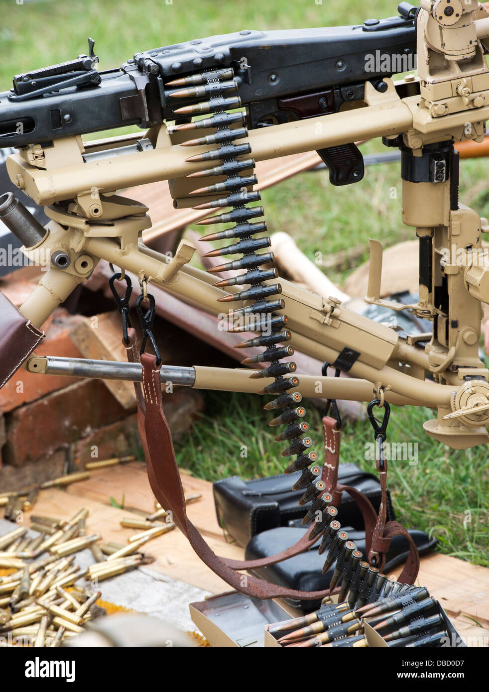 WW2 German army MG 42 machine gun with bullet belt. Historical re enactment. Stock Photo