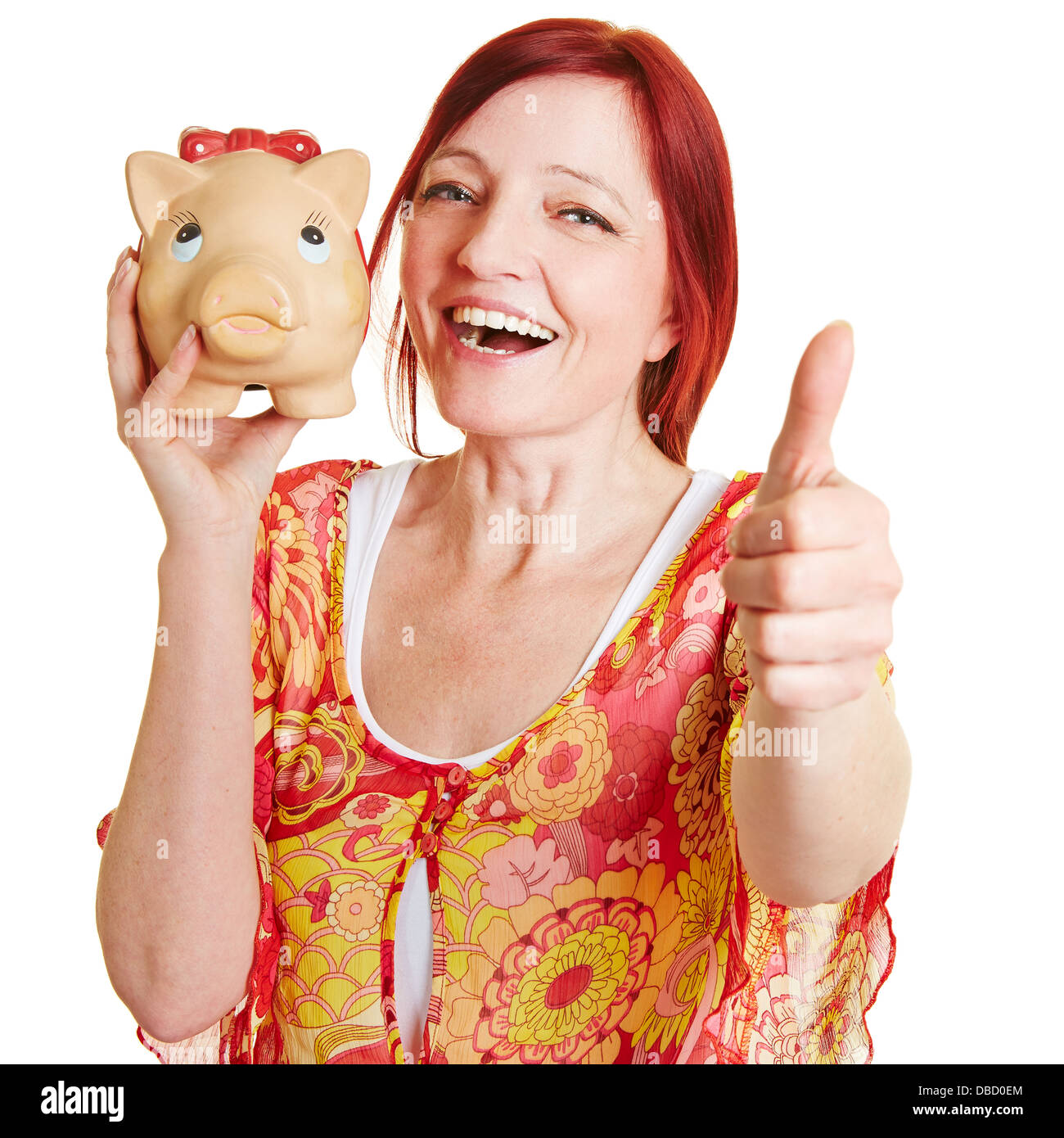 Elderly woman with big piggy bank holding her thumbs up Stock Photo - Alamy