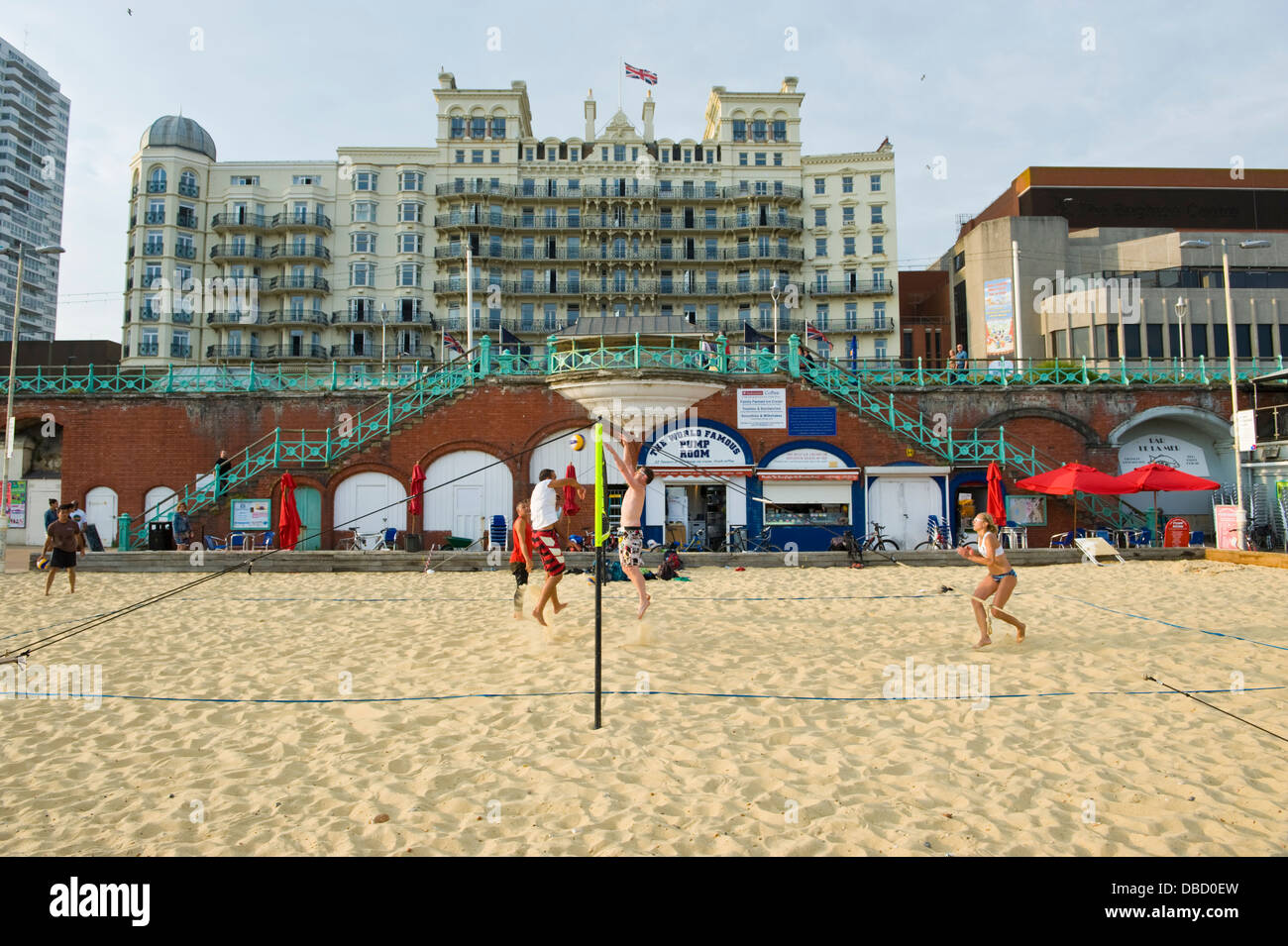 Beach volleyball in front of the Grand Hotel on the seafront at