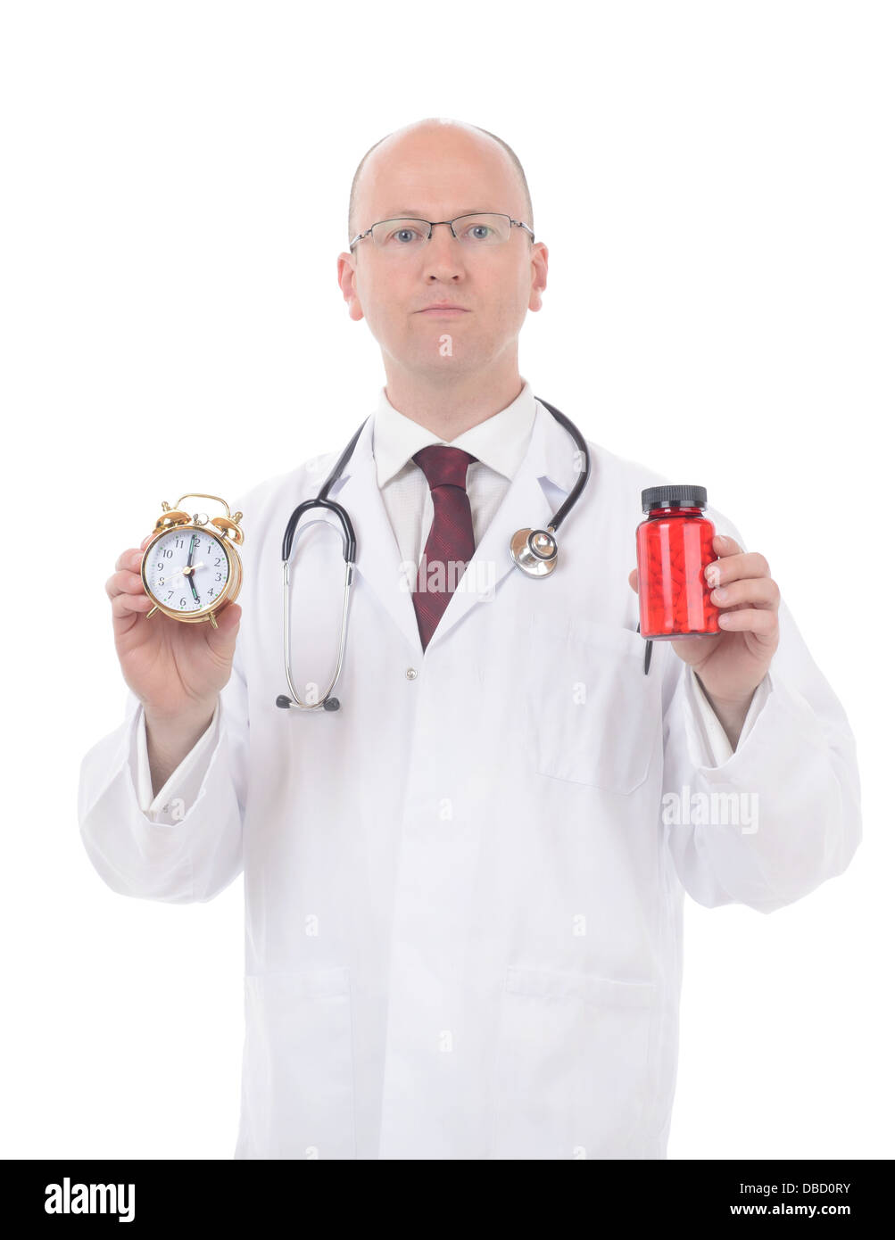 A doctor advising pills for insomnia. Concept for time to take your medicine isolated on white background Stock Photo