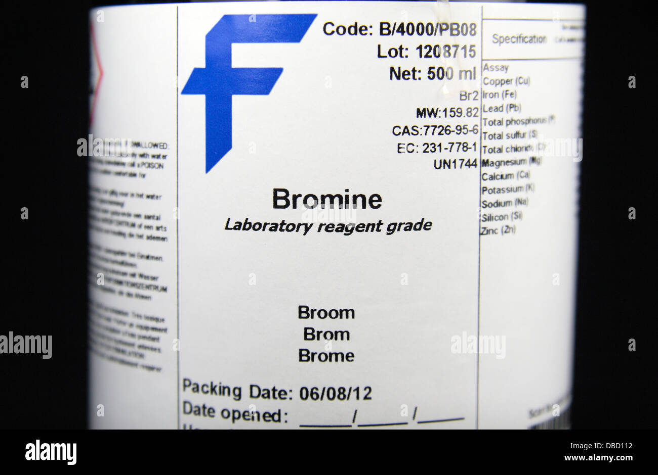 Detail on a bottle of liquid bromine as used in a UK high school Stock Photo Alamy