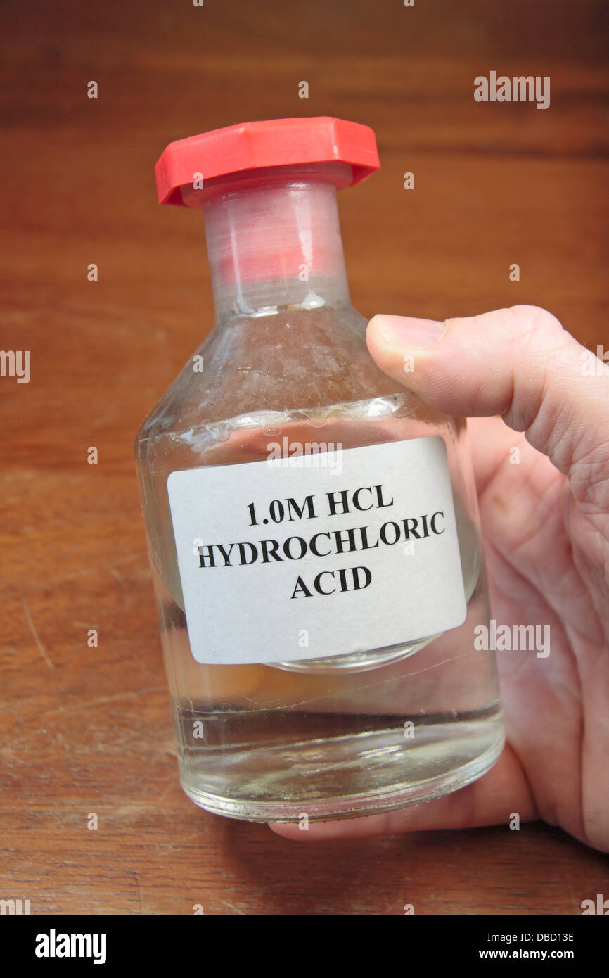 A bottle of 1.0M Hydrochloric acid (HCL) as used in a UK high school. Stock Photo