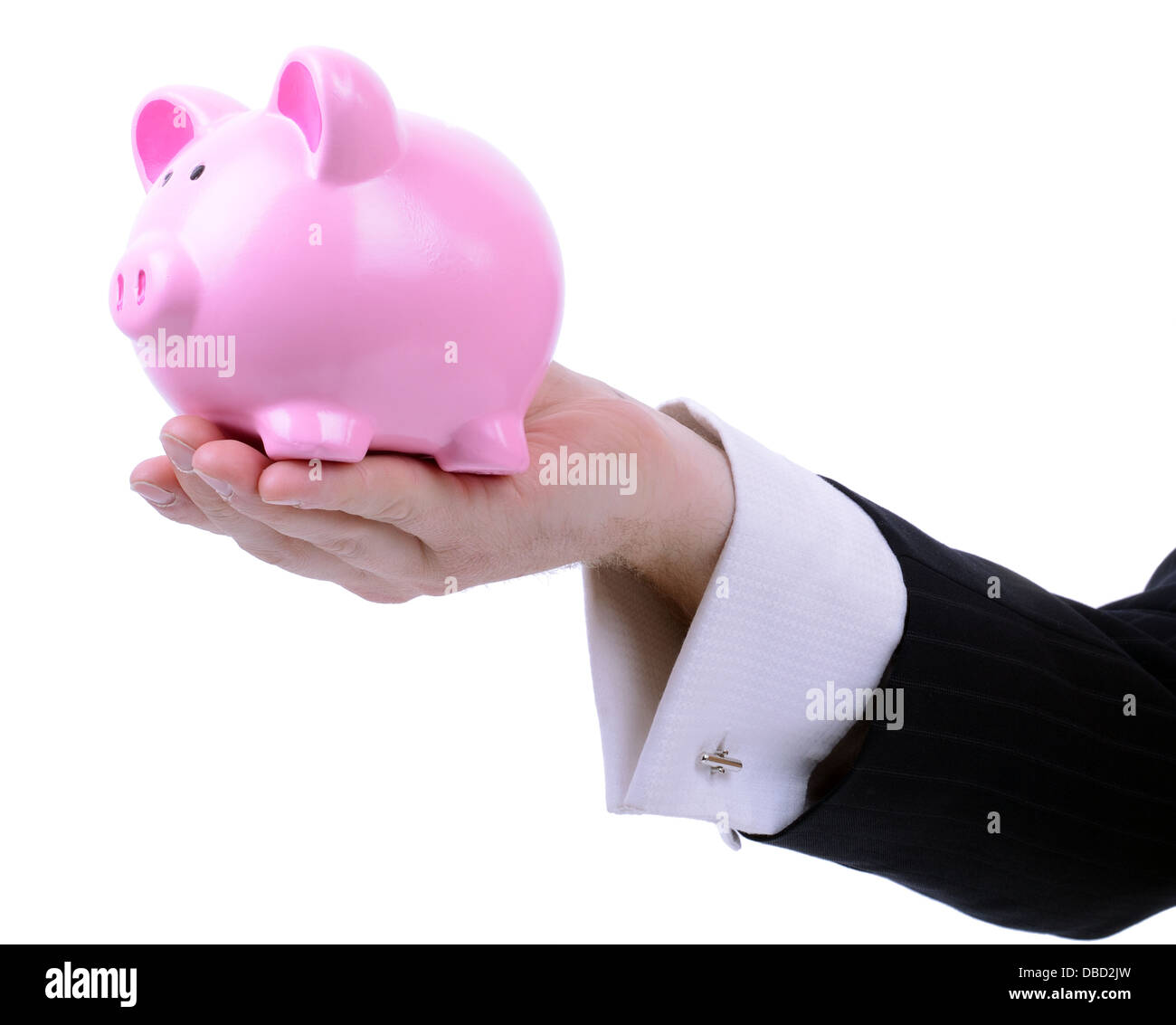 businessman holding out a piggy bank isolated on white background Stock Photo