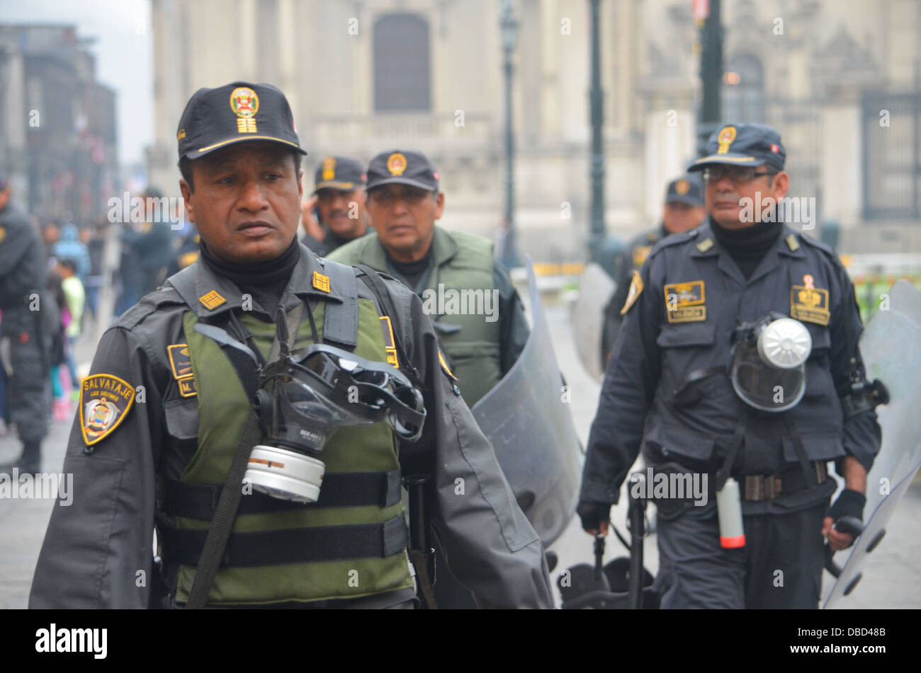 Peruvian military presence in front of the Presidential palace, Plaza de Armas, Lima, Peru Stock Photo