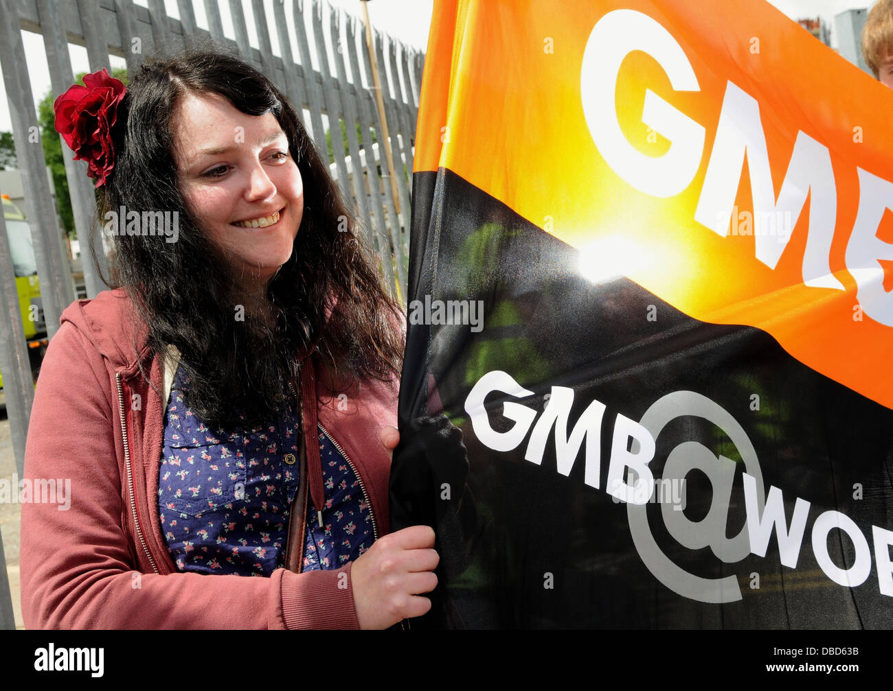 A GMB Union Rep at Brighton and Hove City Council on the picket line during a week long strike over proposed pay cuts. Stock Photo