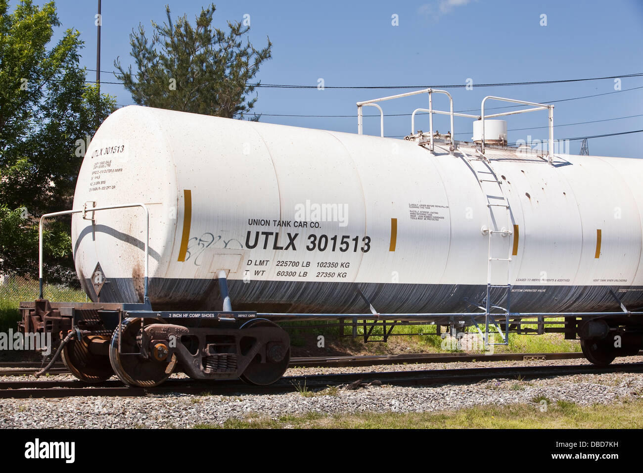UTLX 301513 tank car owned by Union Tank Car Company is pictured by the Verso mill in Bucksport, Maine Stock Photo