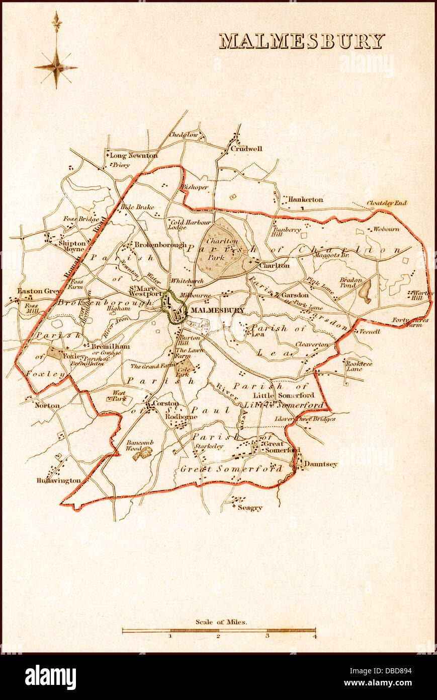1832 Victorian Map of Malmesbury Stock Photo
