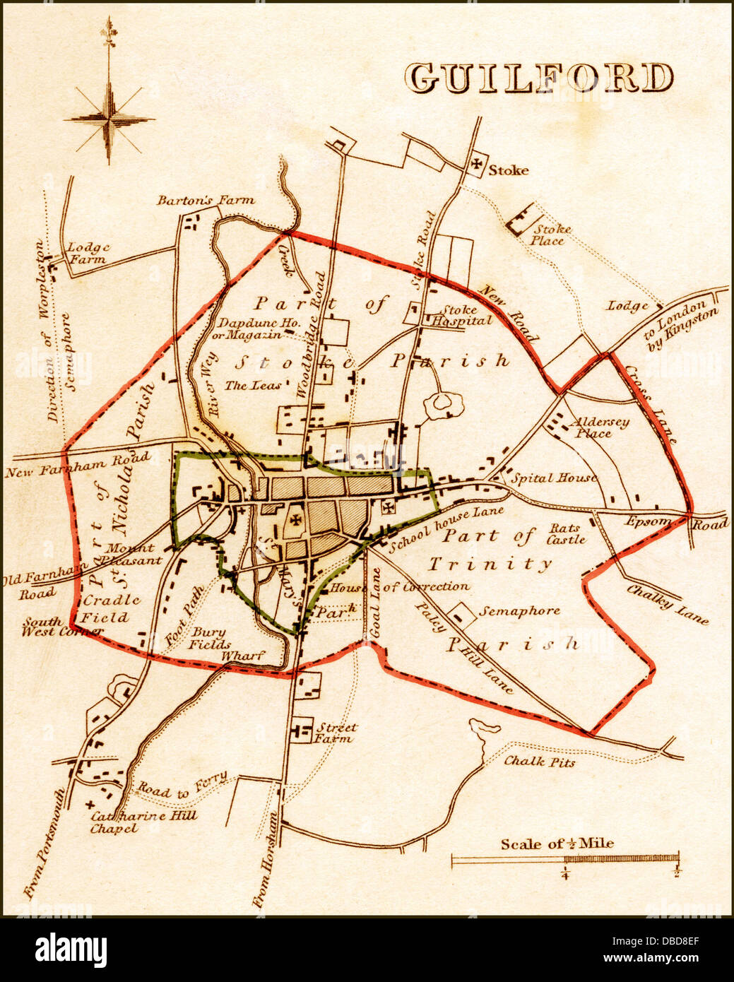 1832 Victorian Map of Guildford Stock Photo