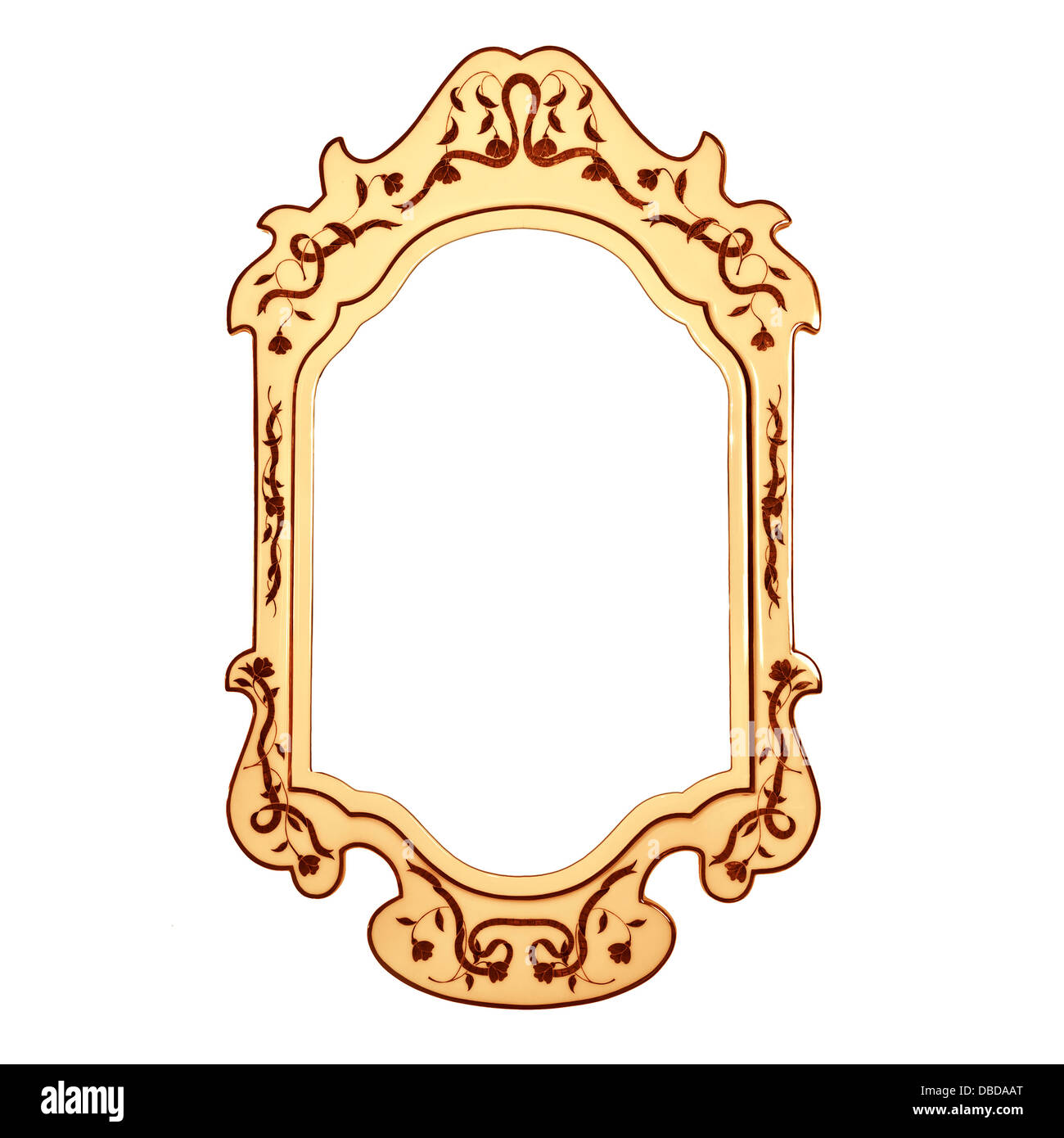 Empty vintage mirror frame isolated on white background, golden retro style framework, beautiful wooden carved frame Stock Photo