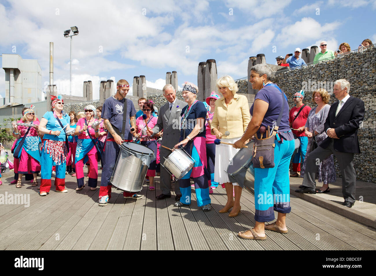 Whitstable Oyster Festival. Prince Charles and Camilla Duchess of Cornwall with the Samba Pelo Mar band. Stock Photo