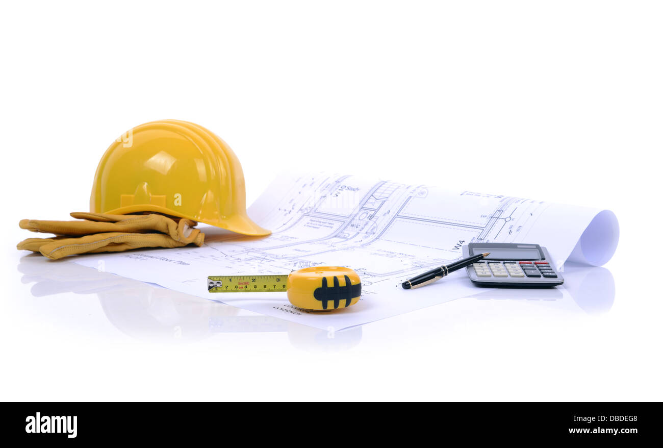 construction plans and equipment ready to build Stock Photo