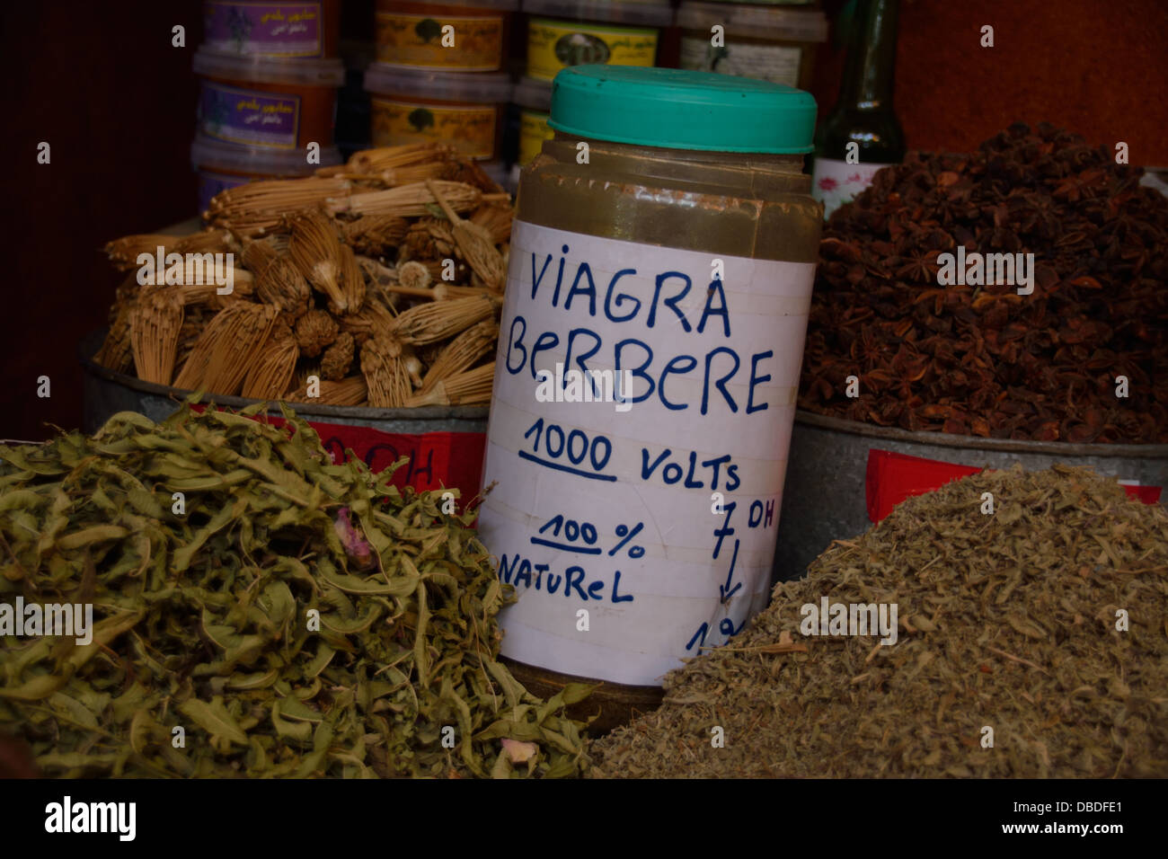 Herbal viagra for sale on a stall with other herbs and spices in Souk El Had,  Agadir, Morocco, North Africa. Stock Photo