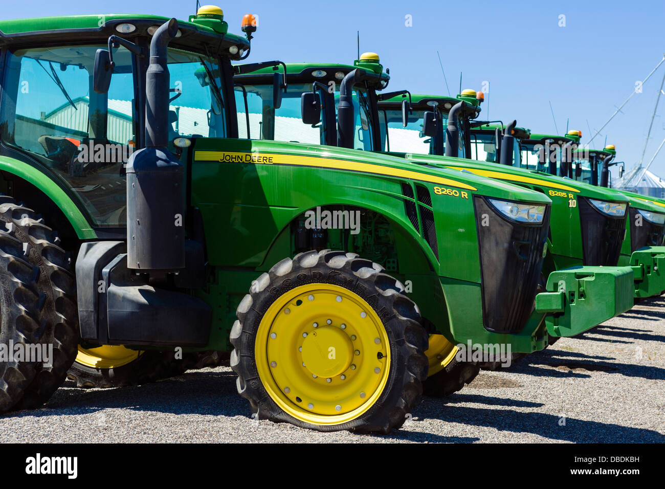 A row of John Deere tractors outside a dealer in Idaho, USA Stock Photo