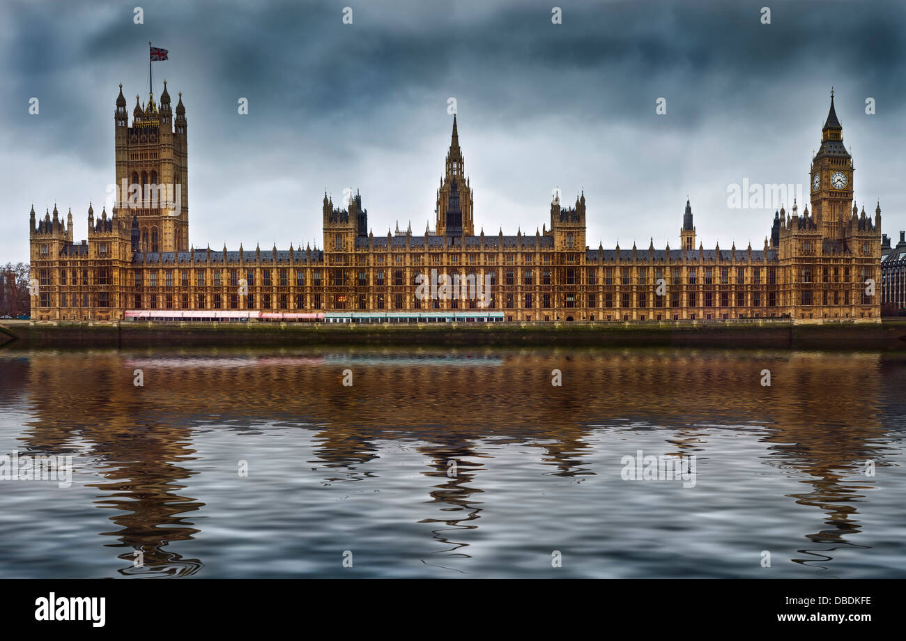 Houses of Parliament and Big Ben reflected in River Thames in london Stock Photo