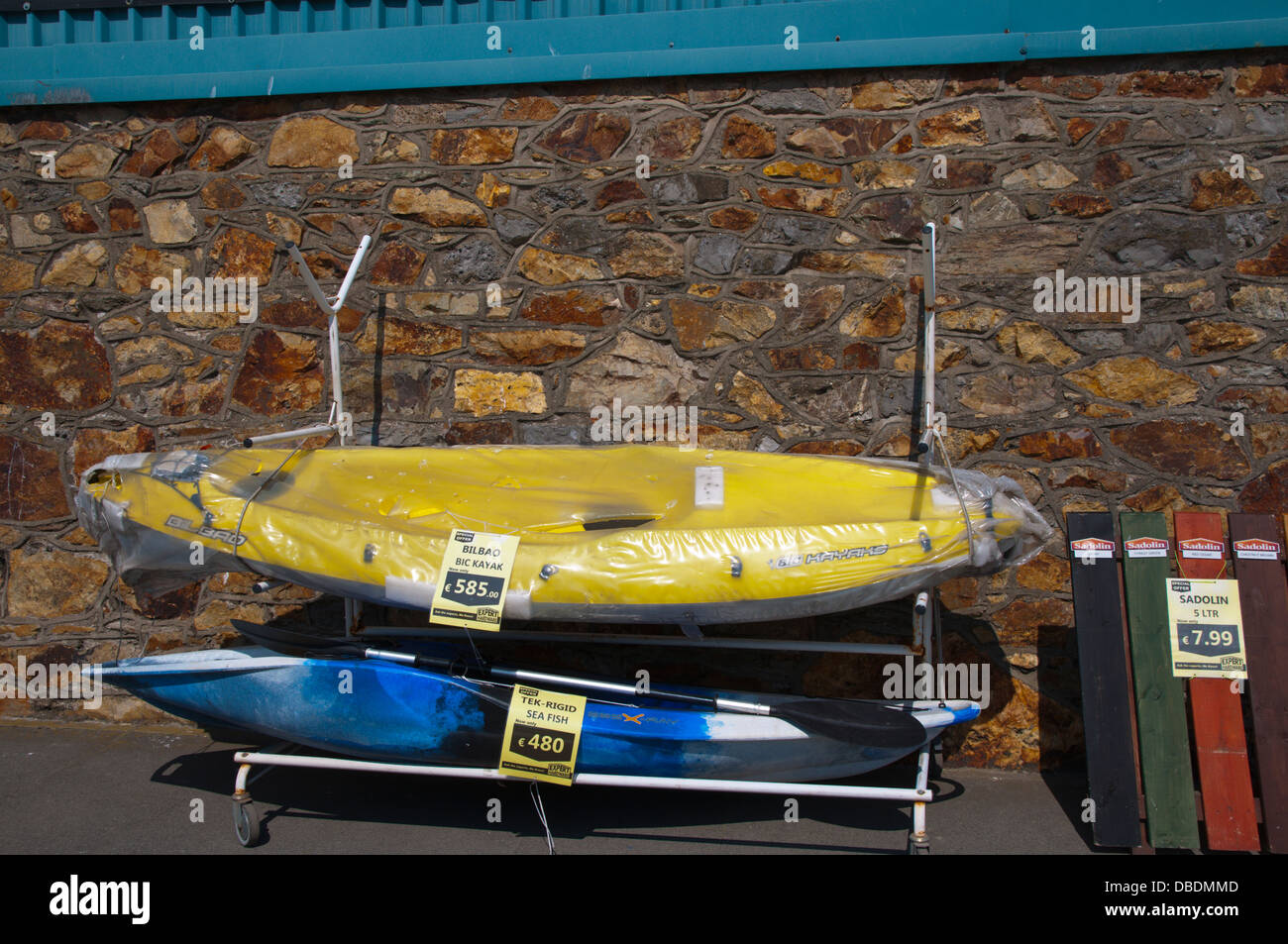 Kayaks and other water sports equipment for sale Howth peninsula near Dublin Ireland Europe Stock Photo