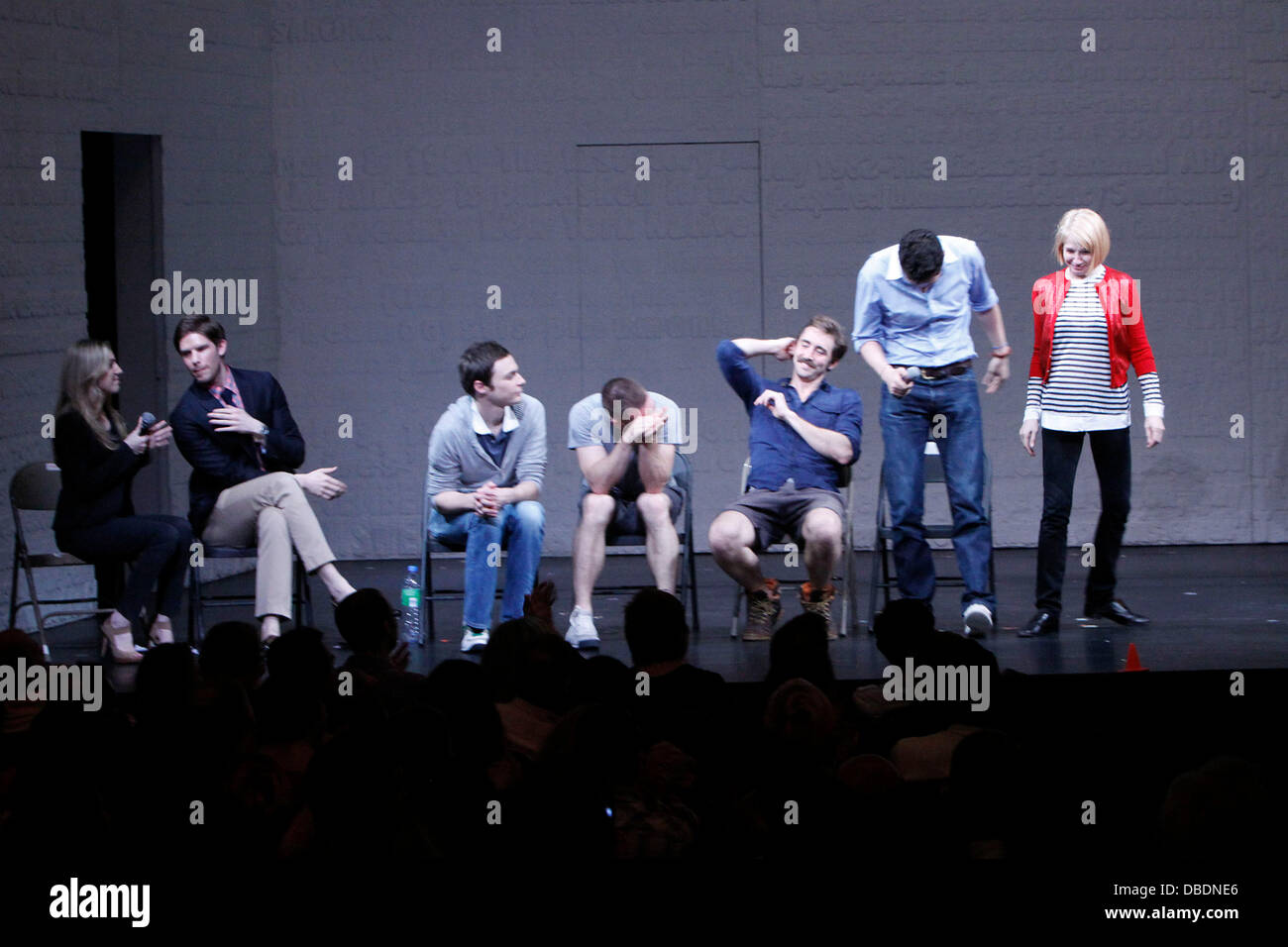 Hosts: Blake Ross and Frank DiLella with Jim Parsons, Luke Macfarlane, Lee Pace, Wayne Alan Wilcox and Ellen Barkin Post-show talk back with the cast of the Broadway production 'The Normal Heart' at the Golden Theatre New York City, USA - 26.05.11 Stock Photo