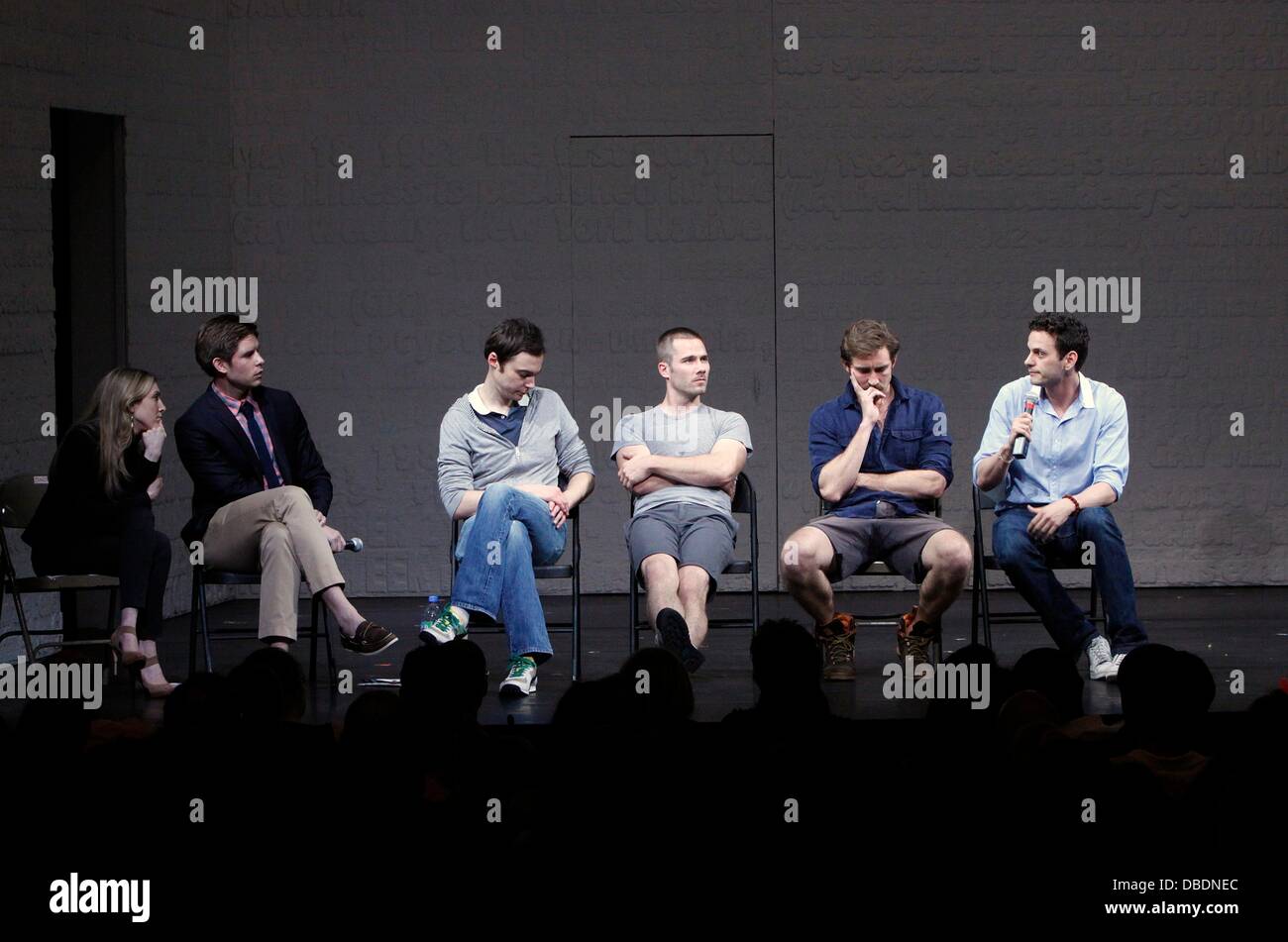 Hosts: Blake Ross and Frank DiLella with Jim Parsons, Luke Macfarlane, Lee Pace and Wayne Alan Wilcox Post-show talk back with the cast of the Broadway production 'The Normal Heart' at the Golden Theatre New York City, USA - 26.05.11 Stock Photo