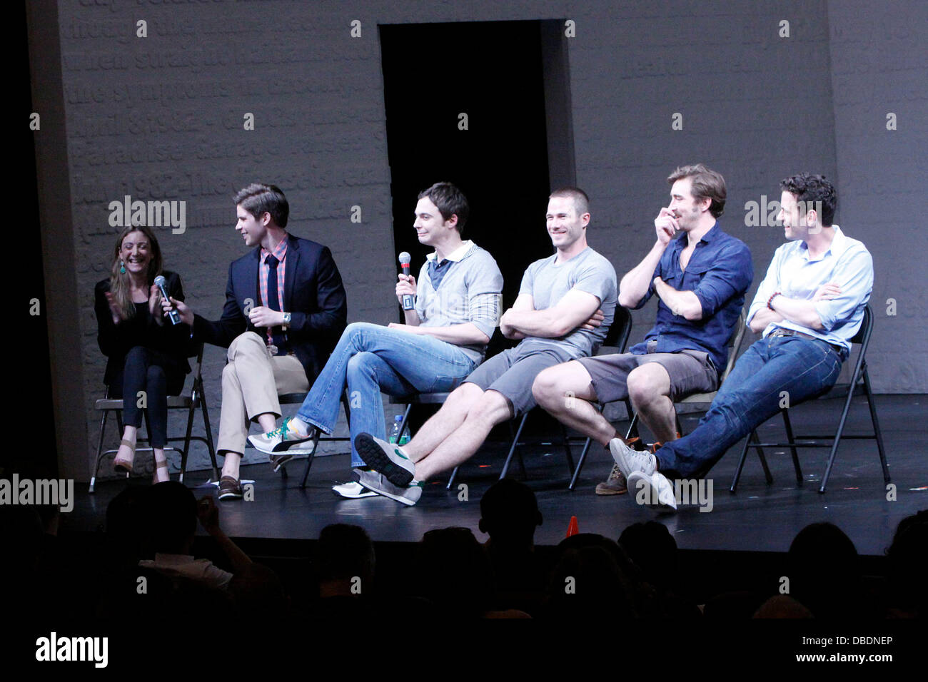 Hosts: Blake Ross and Frank DiLella with Jim Parsons, Luke Macfarlane, Lee Pace and Wayne Alan Wilcox Post-show talk back with the cast of the Broadway production 'The Normal Heart' at the Golden Theatre New York City, USA - 26.05.11 Stock Photo