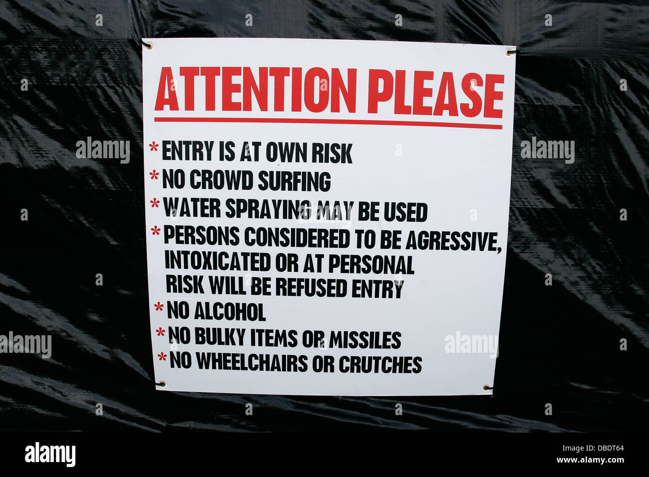 Warning sign at the Big Day Out Festival 2006, Sydney Showground, Sydney, Australia. Stock Photo