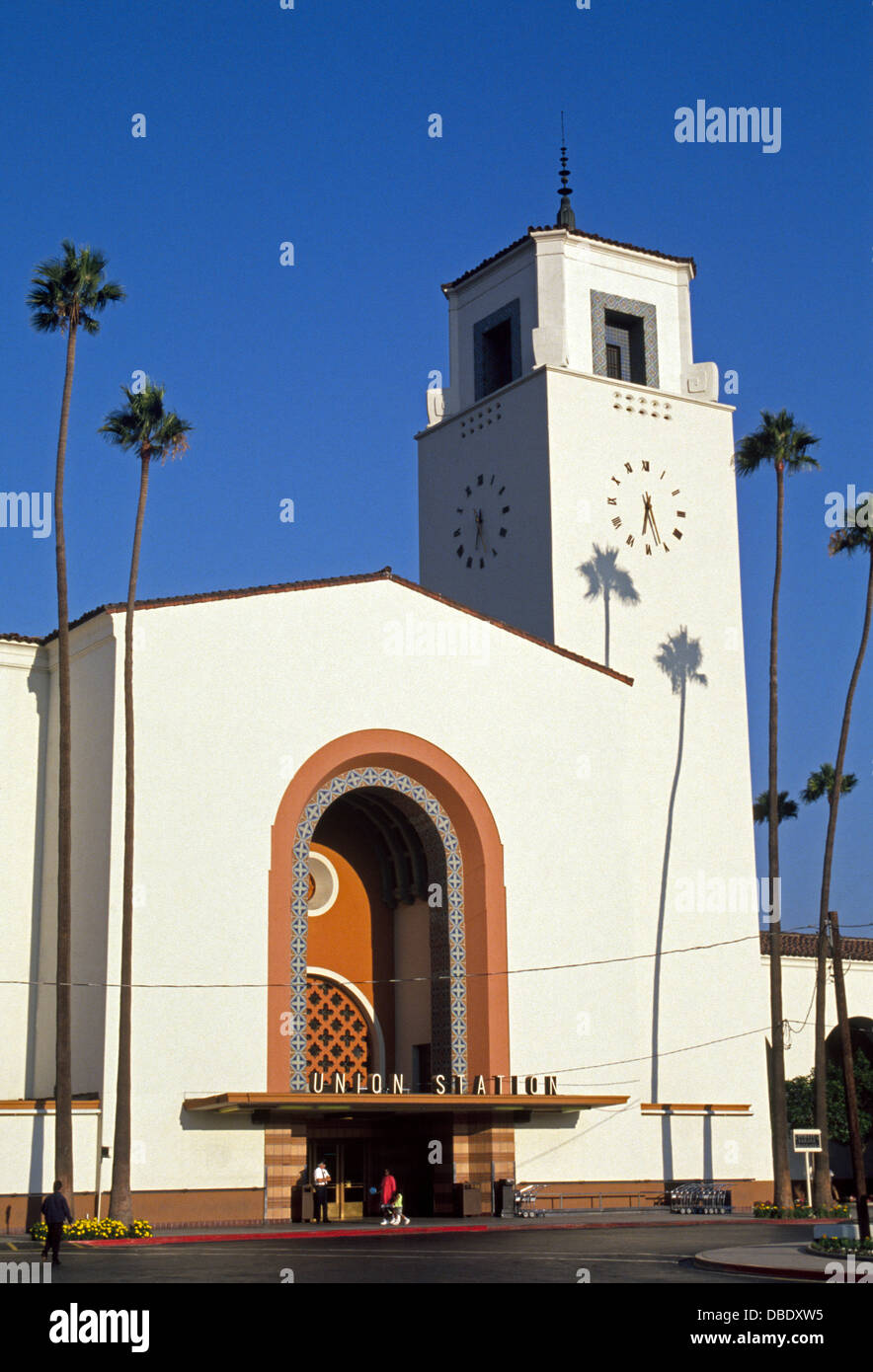 Los Angeles Union Station opened in 1939 and now serves more than 60,000 passengers a day on nationwide, state and local trains in Southern California. Stock Photo