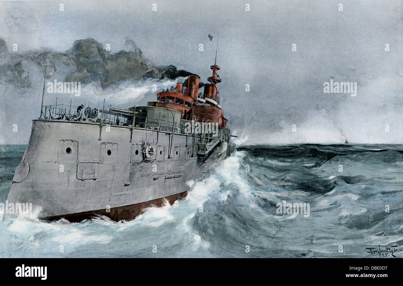 US battleship 'Indiana' in sea trials, 1895. Hand-colored halftone reproduction of an illustration Stock Photo