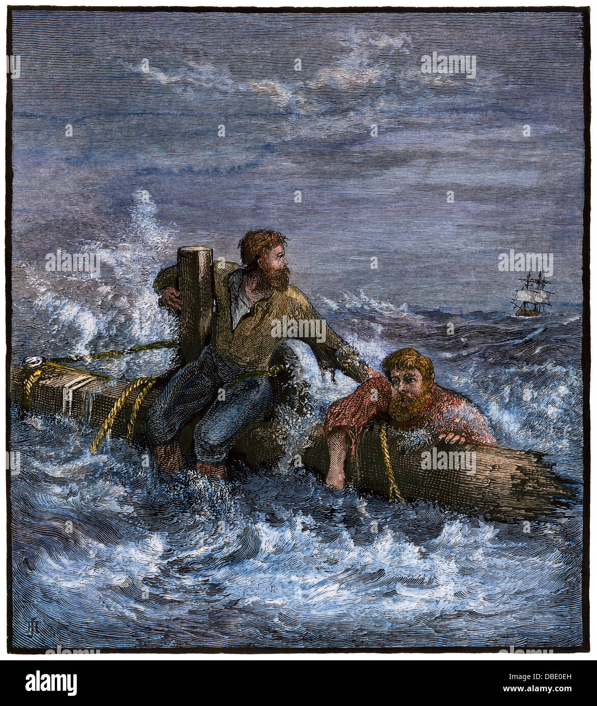 Shipwreck survivors clinging to wreckage, 1800s. Handcolored woodcut