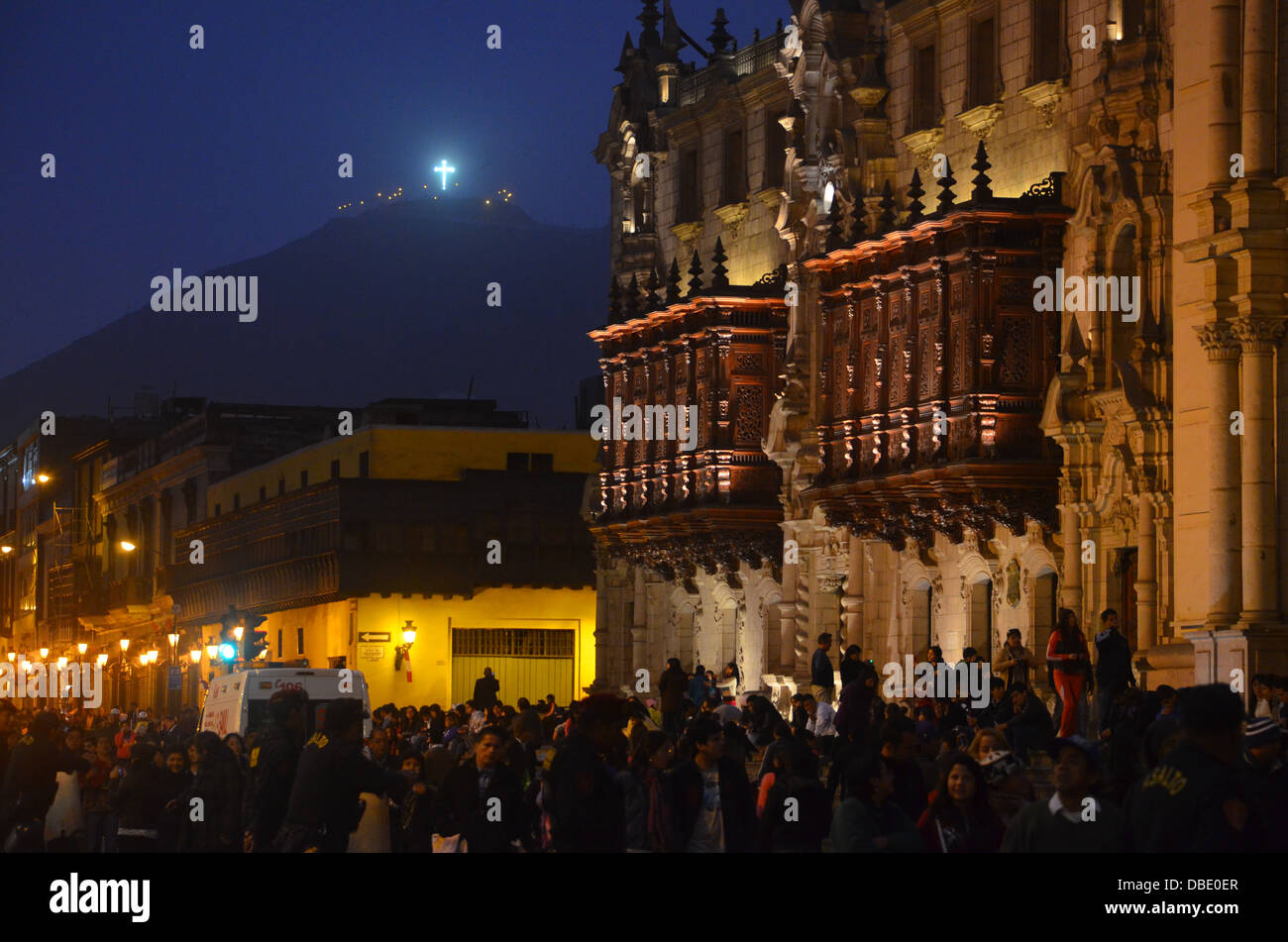 View of Cero San Cristobal from the Plaza de Armas (Plaza Mayor) in downtown Lima, Peru Stock Photo