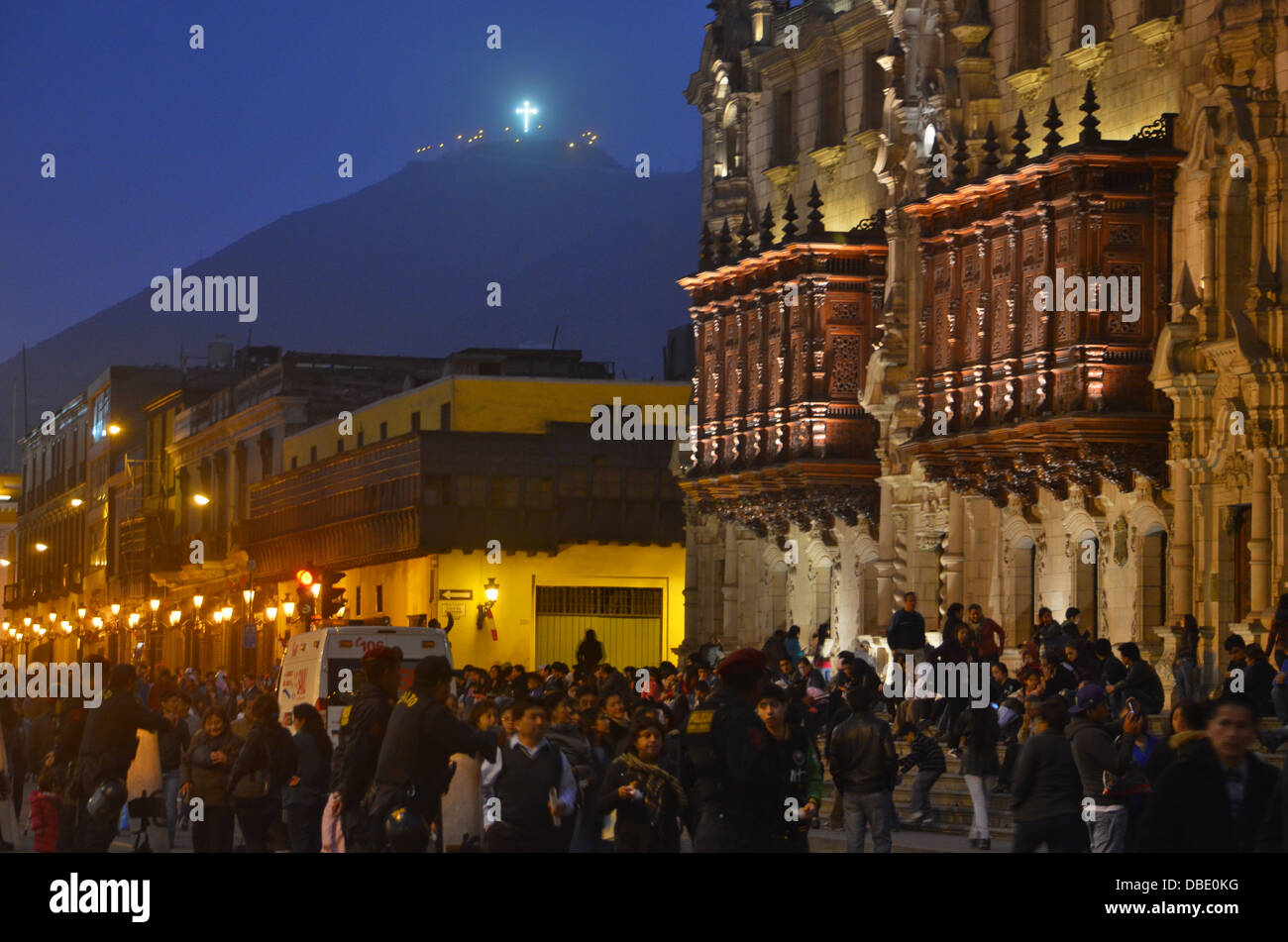 View of Cero San Cristobal from the Plaza de Armas (Plaza Mayor) in downtown Lima, Peru Stock Photo