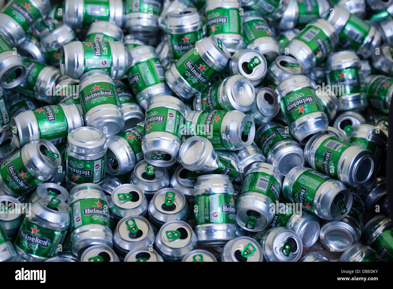 many empty beer cans heineken brand Stock Photo